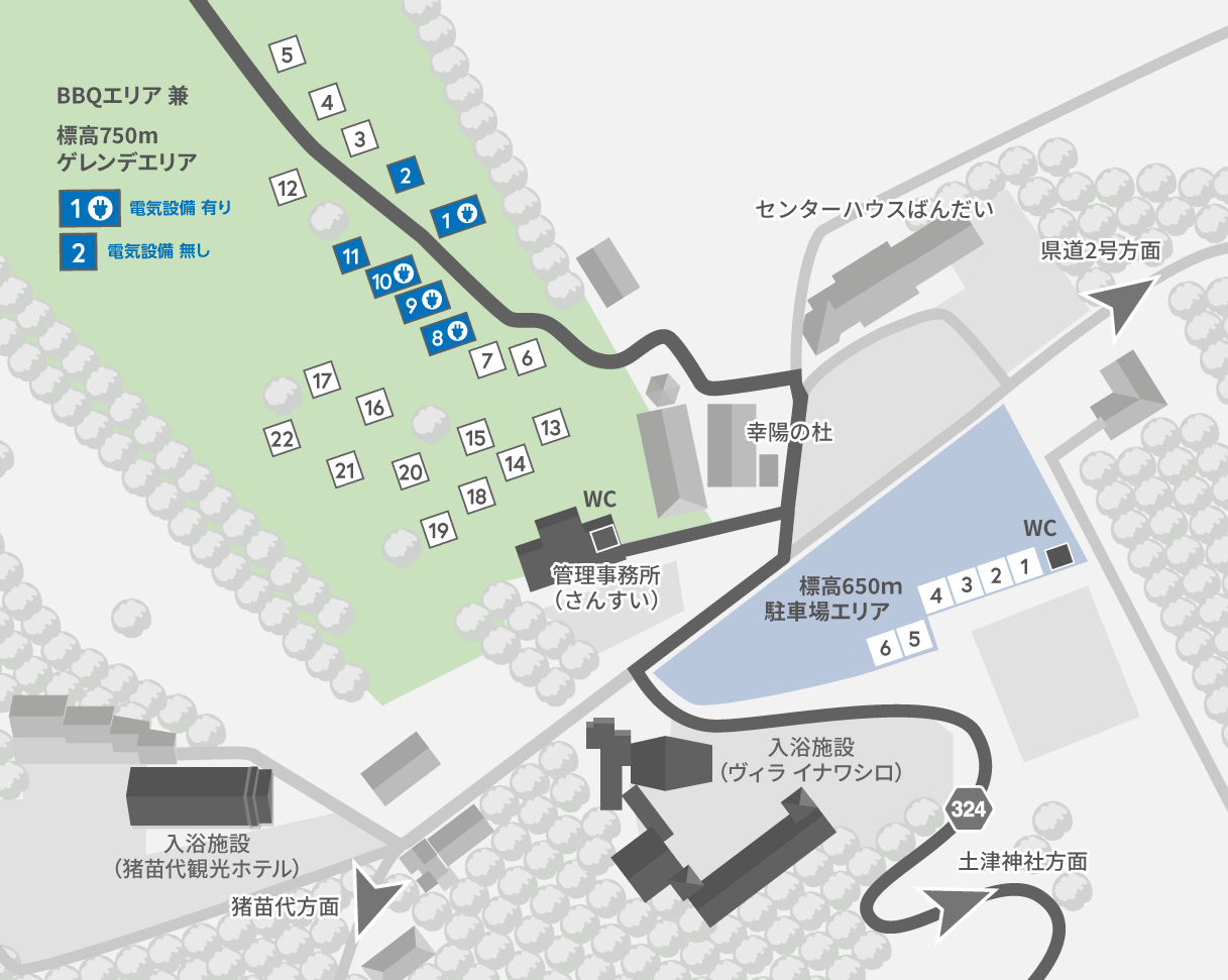 磐梯山・絶景の猪苗代スキー場RVパーク標高600m駐車場エリアと標高750mゲレンデエリアの案内図