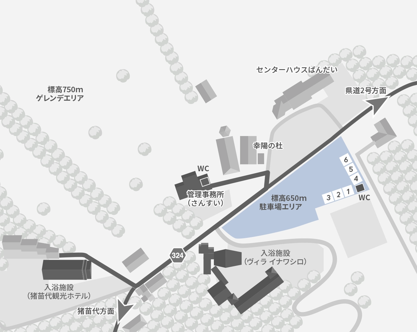 磐梯山・絶景の猪苗代スキー場RVパーク標高600m駐車場エリアと標高750mゲレンデエリアの案内図